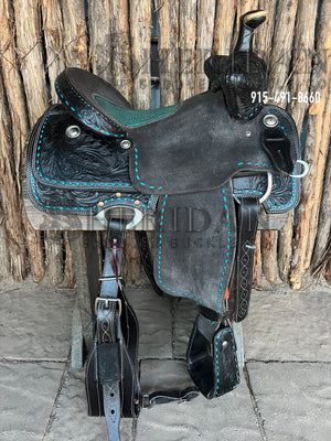 Sheridan Beartrap Saddle Black Leather Turquoise Buckstitch