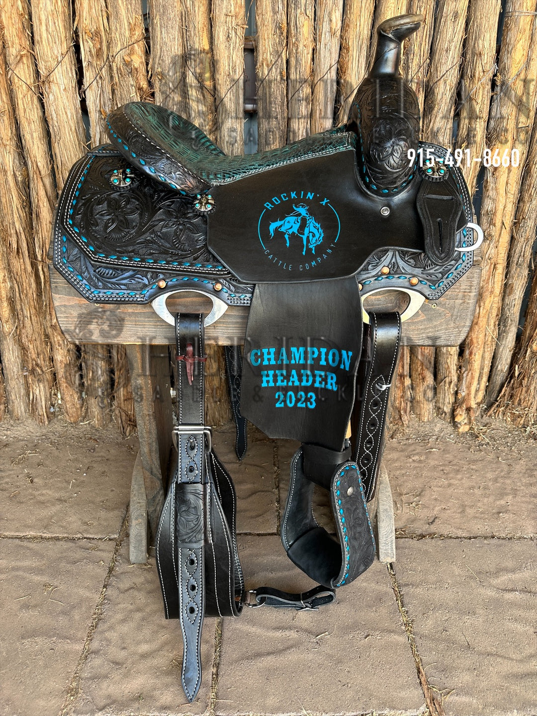Sheridan Team Roping Saddle Black Leather Turquoise