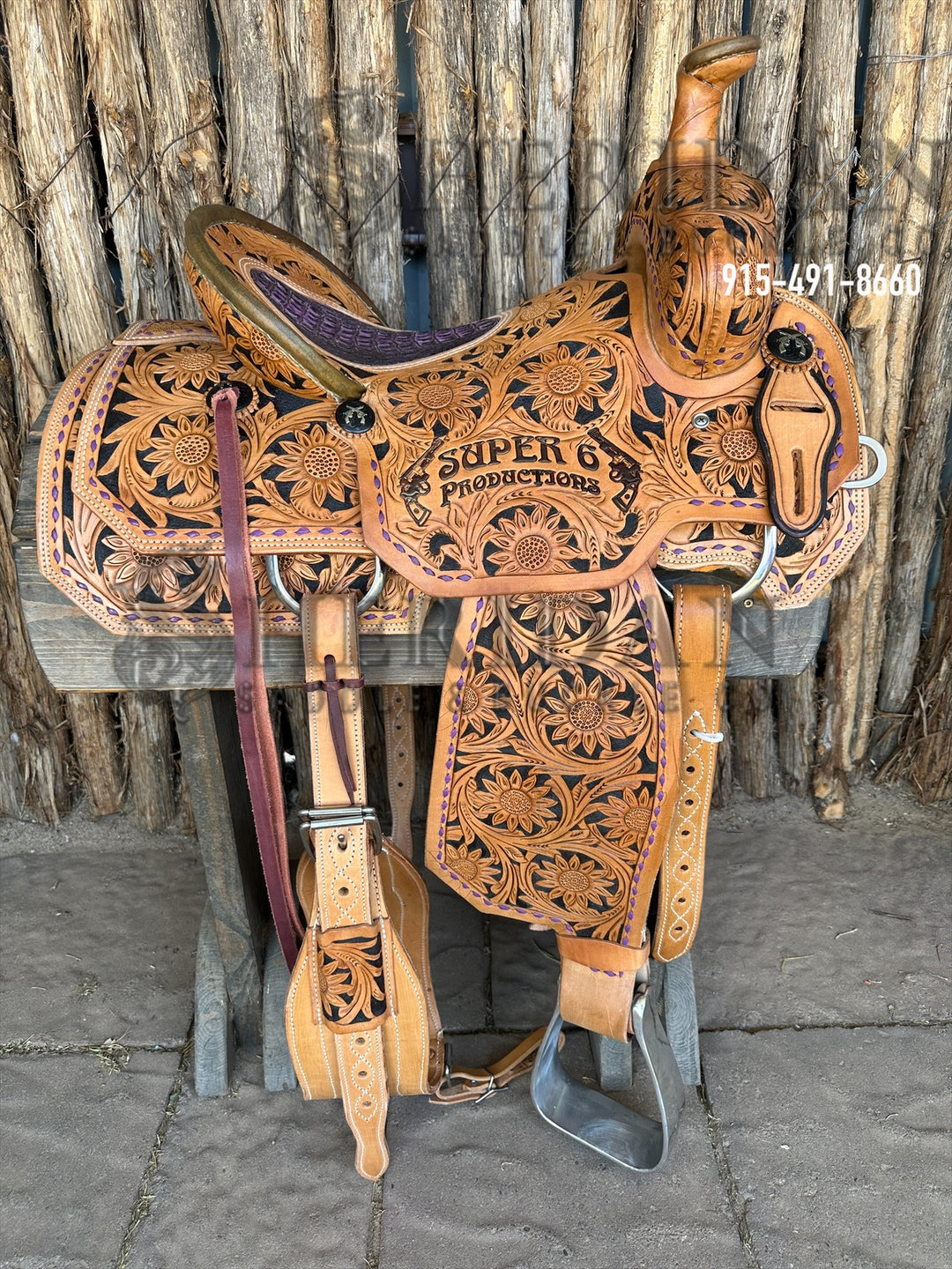 Sheridan Team Roping Saddle Full Tooled Sunflower/Purple Buckstitch