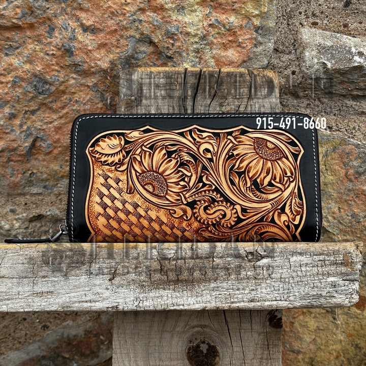 Black Sunflower Zip Up Wallet