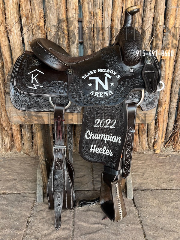 Sheridan Team Roping Saddle Chocolate Smooth Leather, Basket Acorn Border