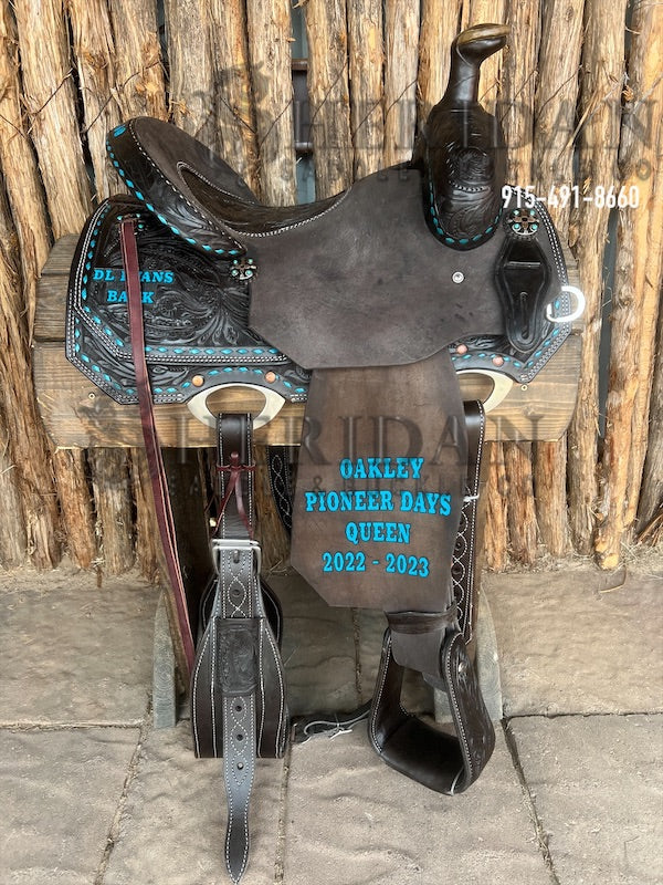 Sheridan Team Roping Saddle Feather Tooling Turquoise Buckstitch