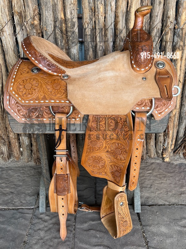 Sheridan Team Roping Saddle Sunflower Tooling White Buckstitch