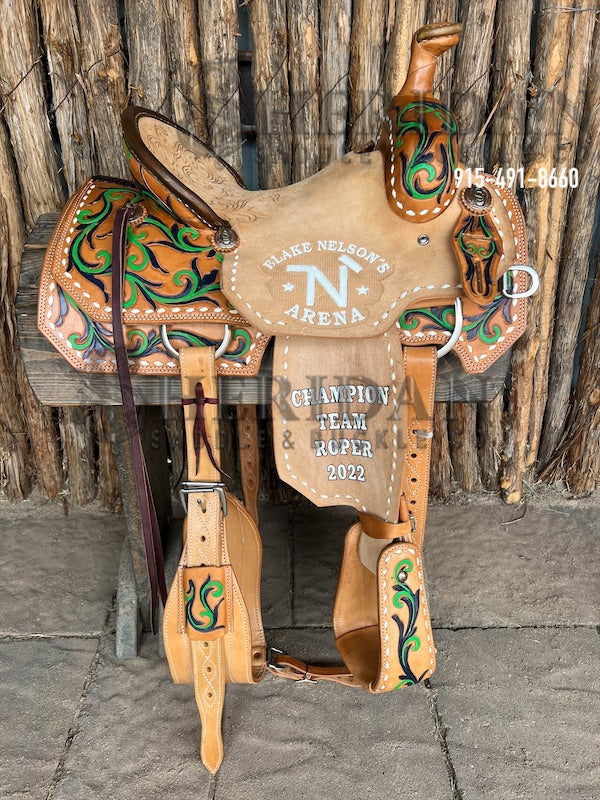 Sheridan Team Roping Saddle White Buckstitch Tribal Tooling