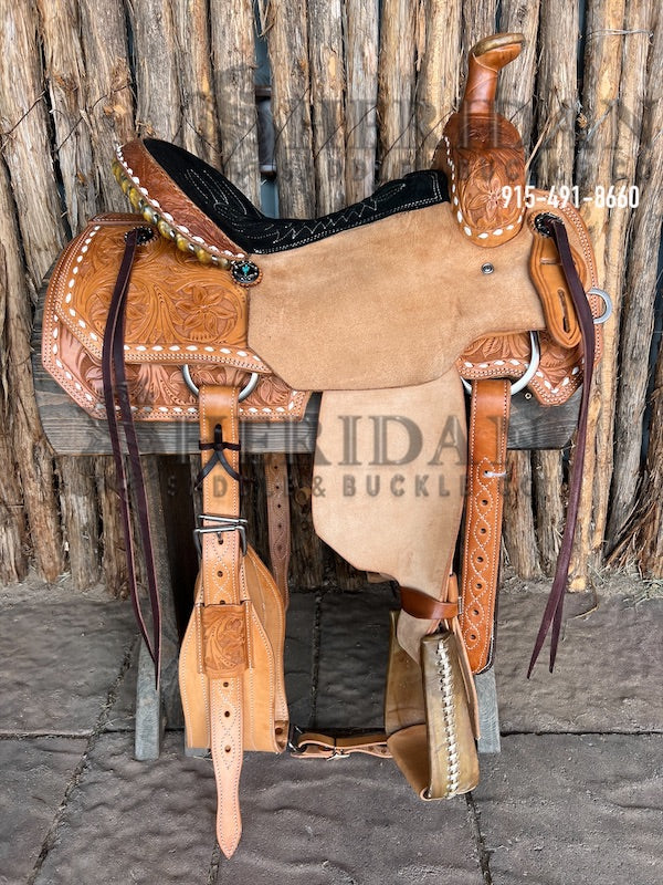 Sheridan Team Roping Saddle White Buckstitch Wild Flower