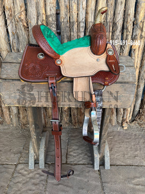 10" Sheridan Youth Barrel Racing Saddle M+B/ Lime Green