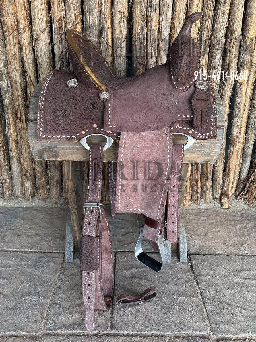 Sheridan Barrel Racing Saddle Chocolate Roughout White Buckstitch