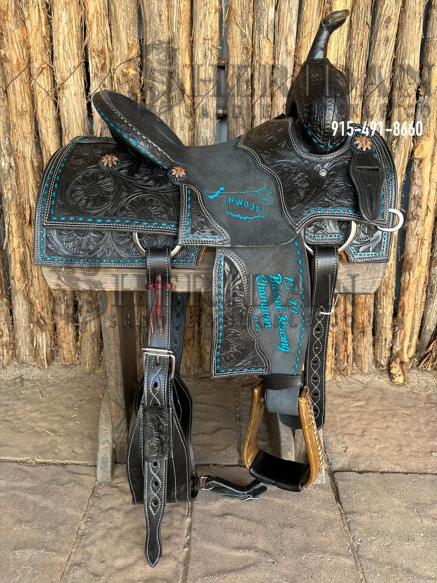 Sheridan Cutting Saddle Sewn on Tooling Black and Turquoise