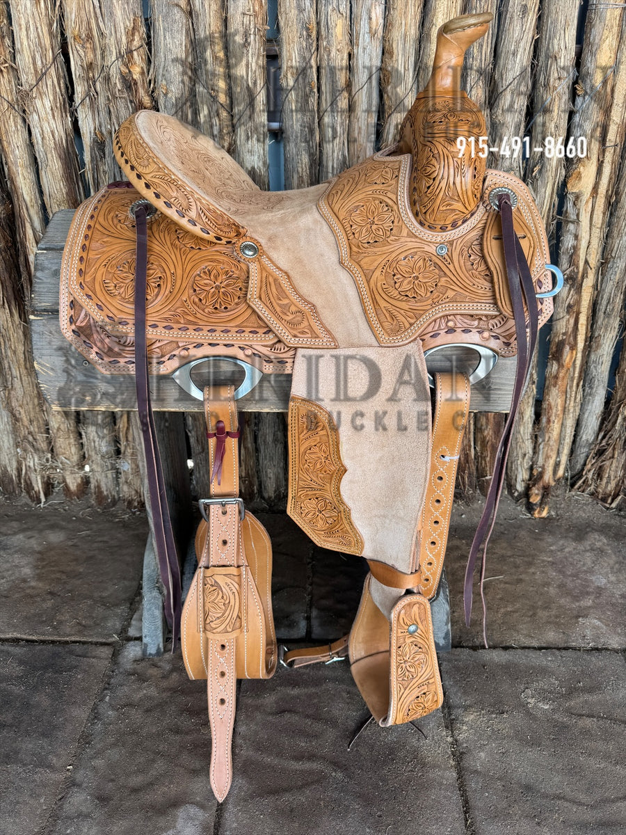 Team Roping Saddle Sewn on Tooling Brown Buckstitch