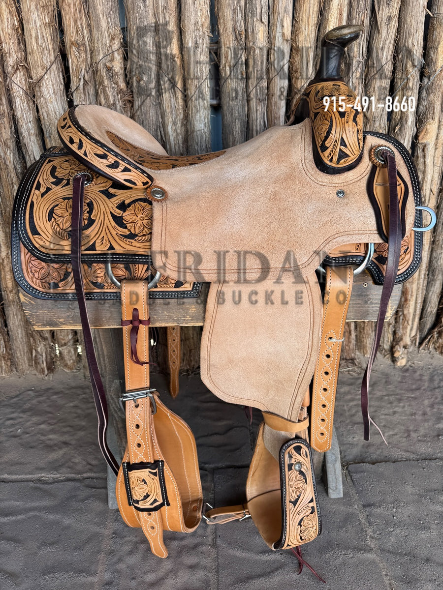 Sheridan Team Roping Saddle Double Flower/Inlaid Tooled Seat