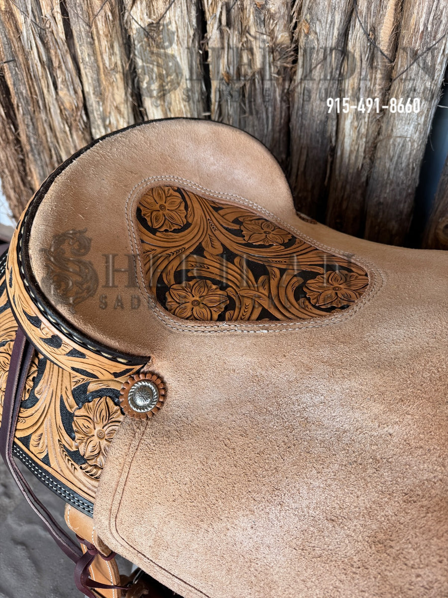 Sheridan Team Roping Saddle Double Flower/Inlaid Tooled Seat