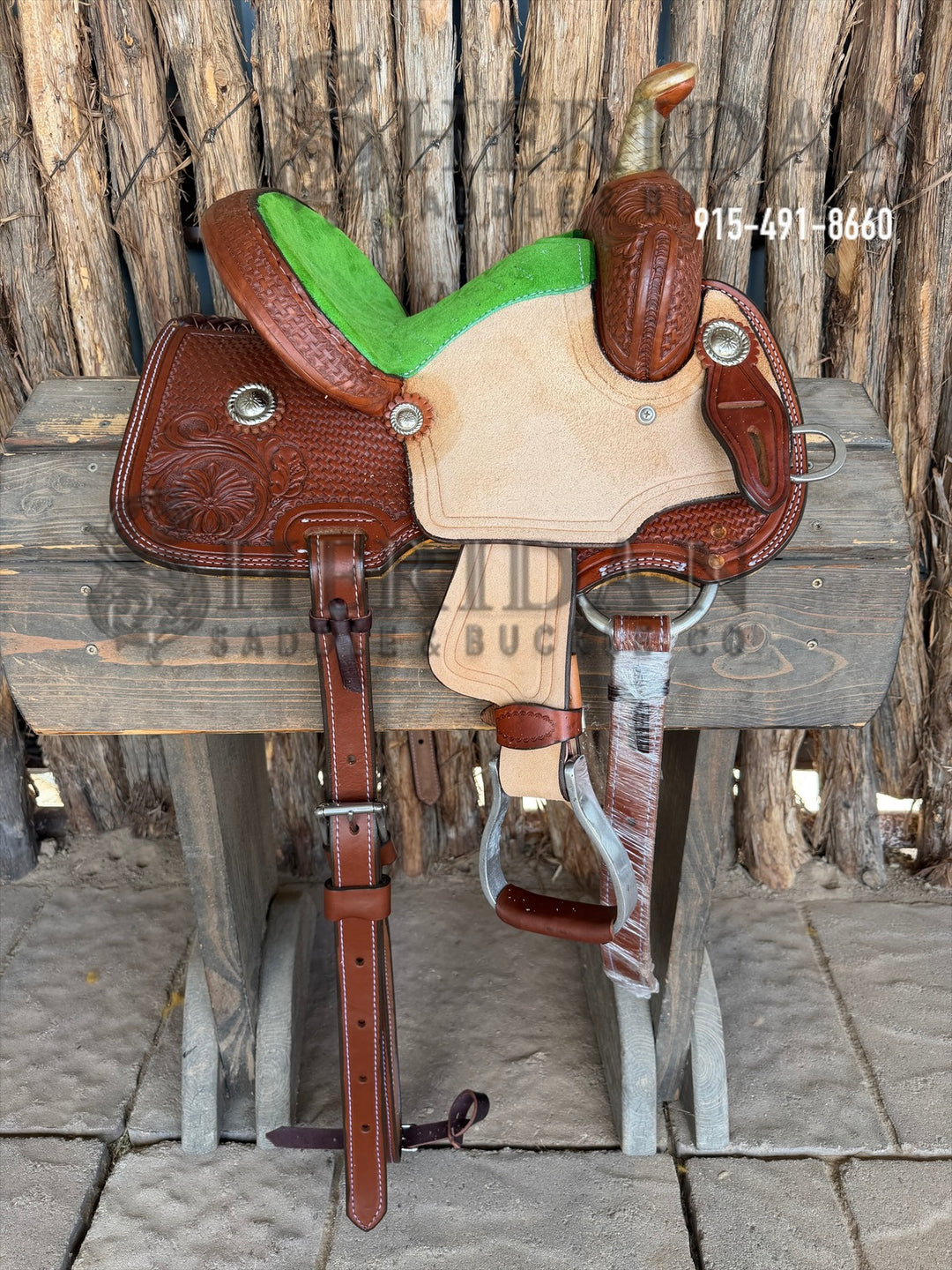 $580- 10" Sheridan Youth Barrel Saddle Lime Green