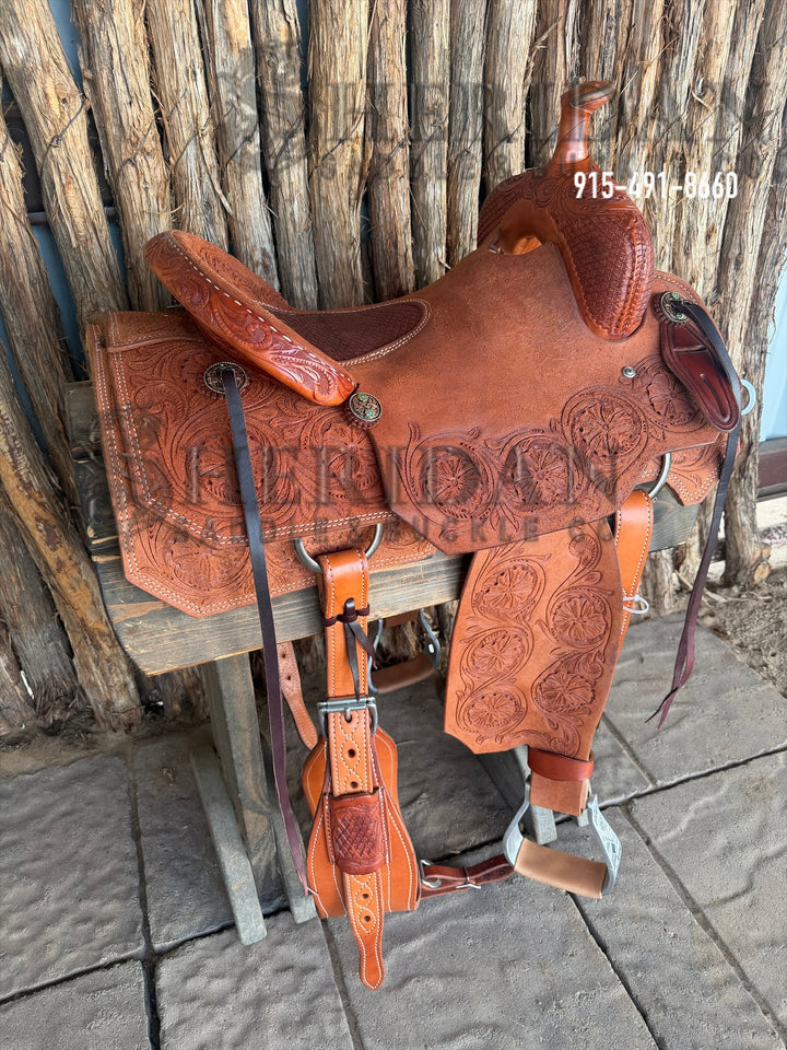 $1,850 - 15.5" Sheridan Ranch Cutter Saddle GOLD LEATHER REAL WOOL