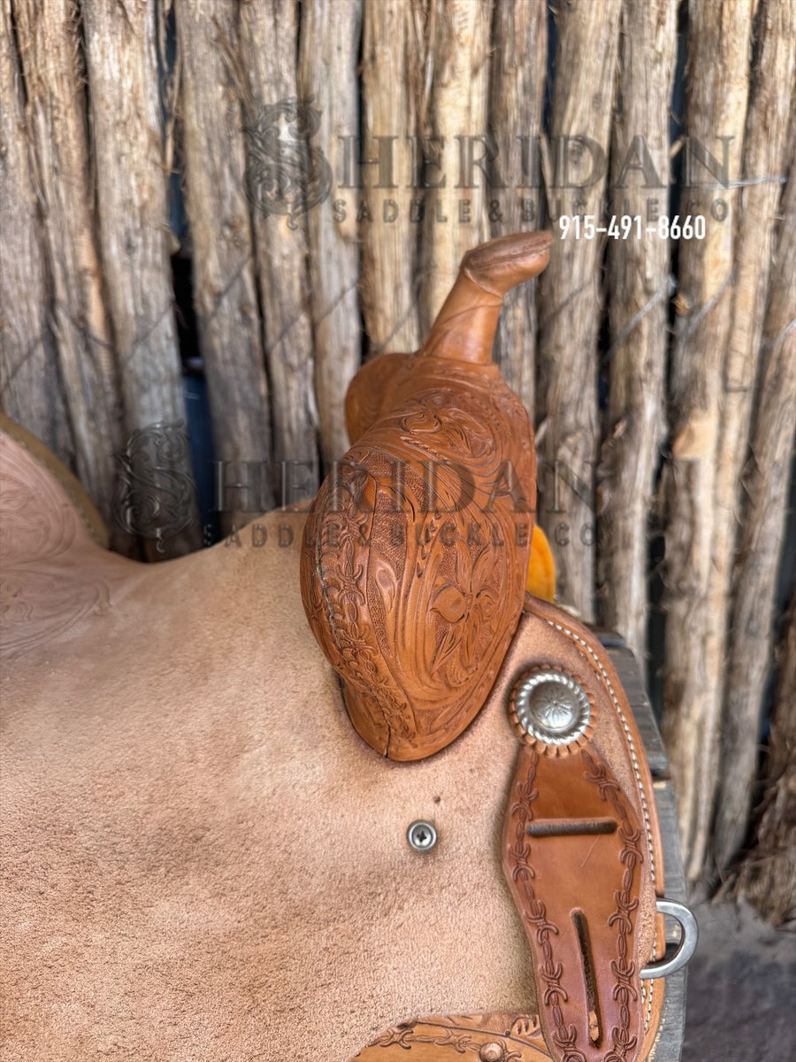 $975- 14.5" Sheridan Defender Swell Barrel Racing Saddle