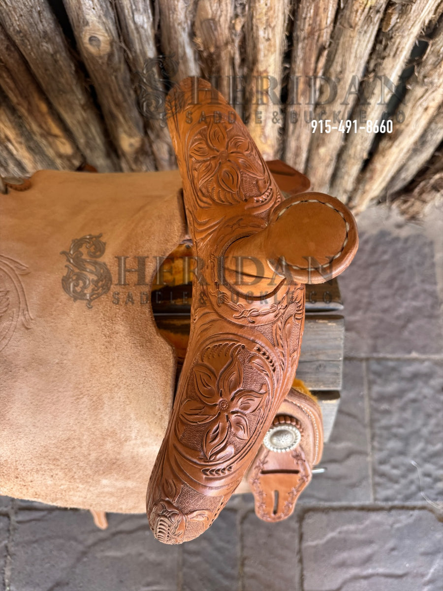 $975- 14.5" Sheridan Defender Swell Barrel Racing Saddle