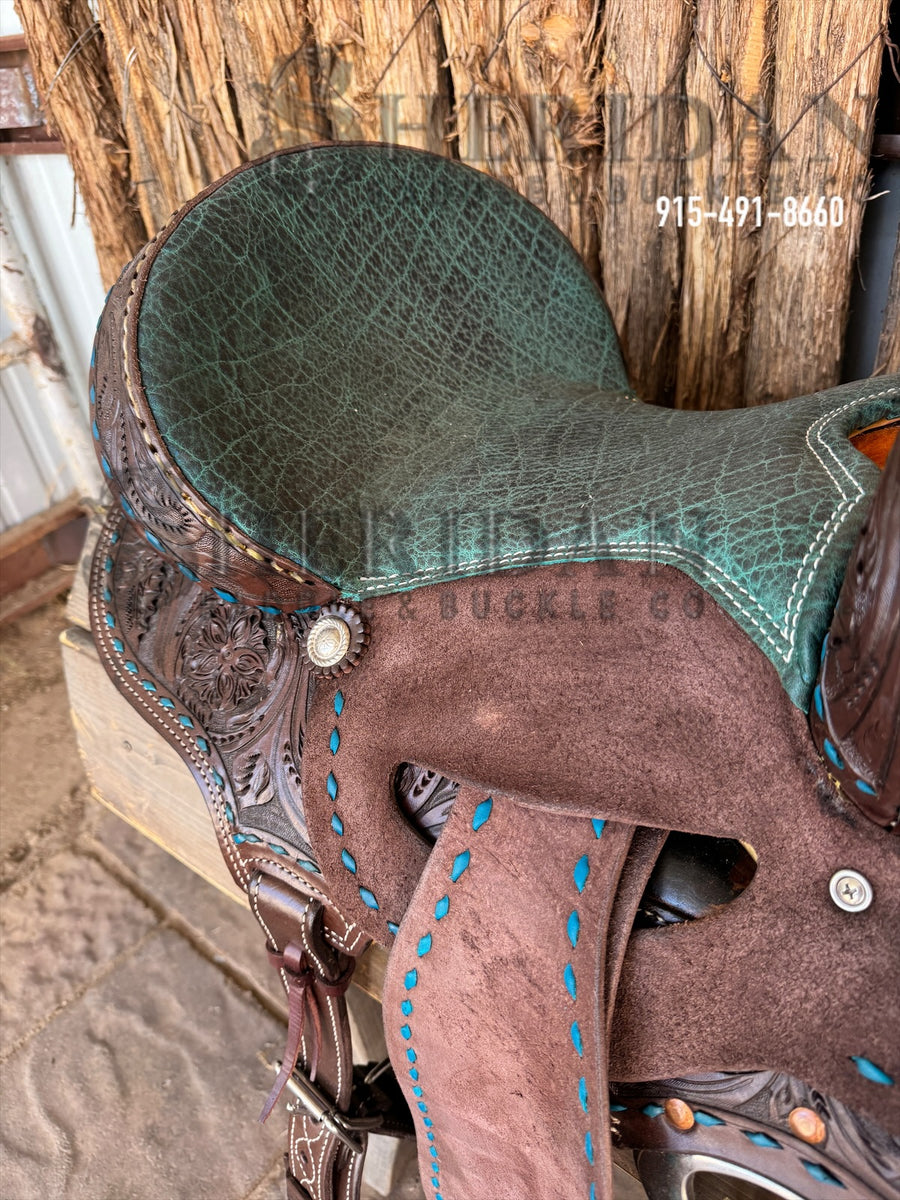 Sheridan Barrel Racing Saddle Chocolate Turquoise Im. Elephant