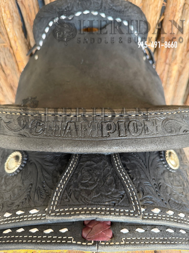 $1,140- 14" Sheridan Team Roper Saddle Black Leather CHAMPION lettered on Cantle
