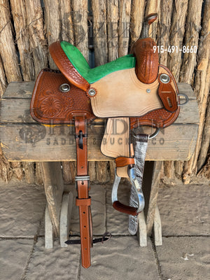 $580- 10" Sheridan Youth Barrel Saddle Green