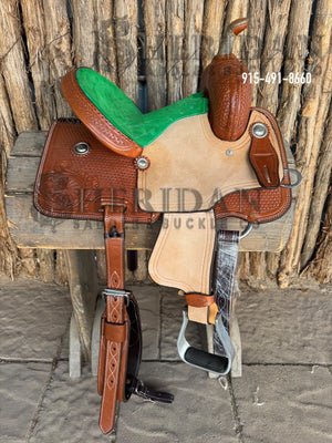 $715- 13" Sheridan Youth Barrel Saddle Green