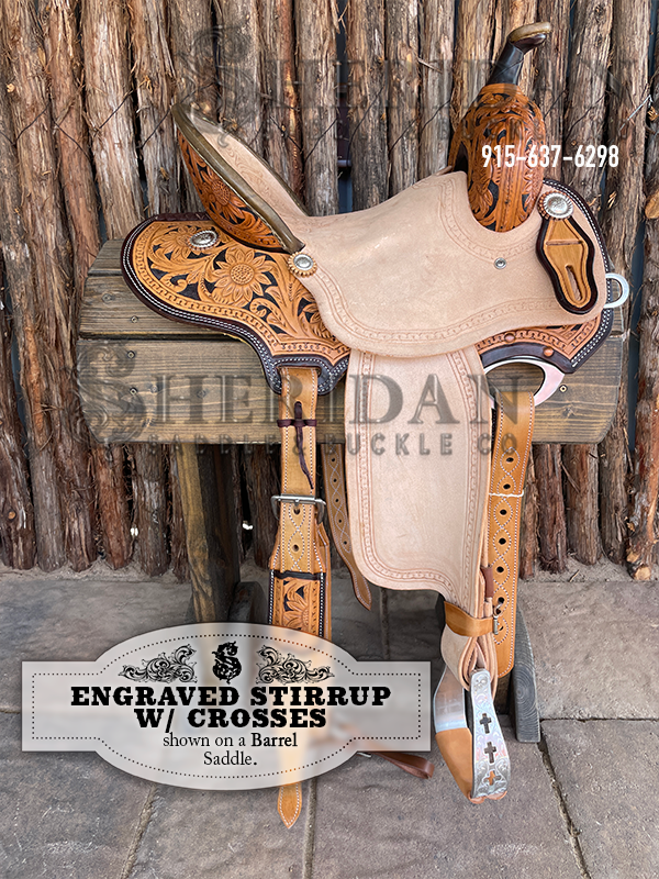 Visalia Aluminum Stirrups Engraved Crosses