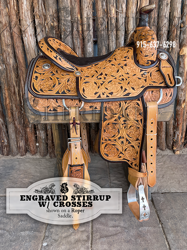 Visalia Aluminum Stirrups Engraved Crosses
