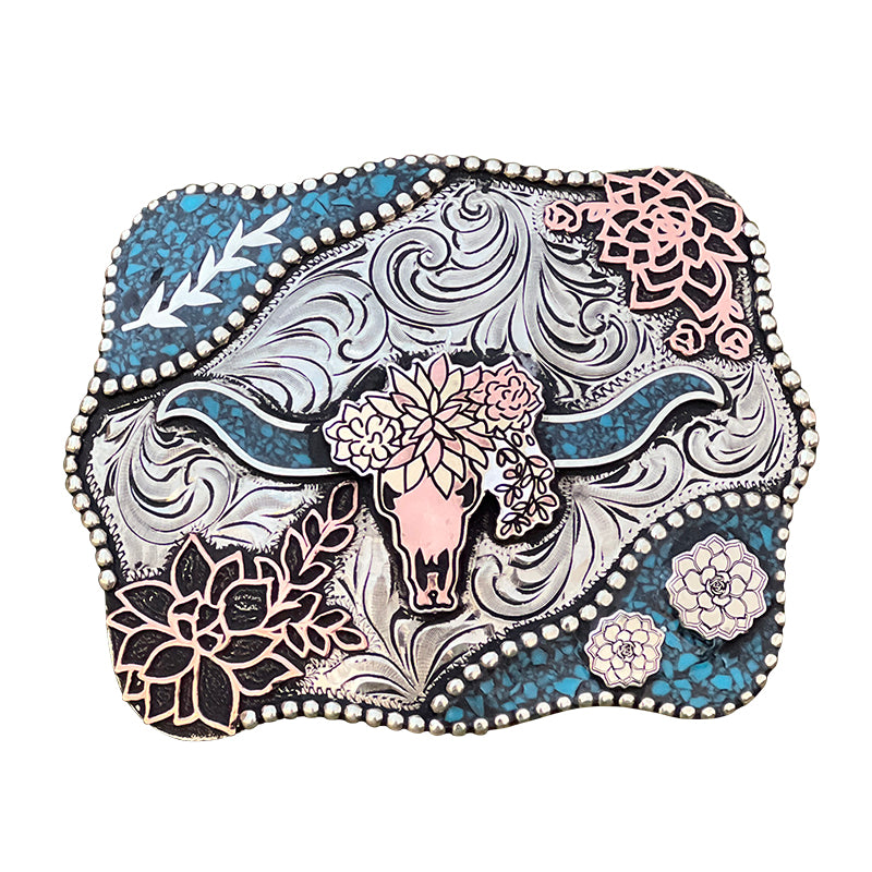Longhorn-Flowers-Turquoise-Buckle