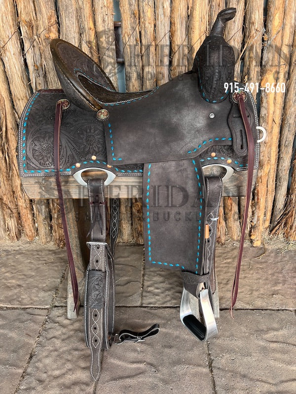 Sheridan Barrel Racing Saddle Chocolate Roughout Turquoise Buckstitch