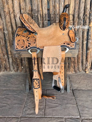 Sheridan Barrel Racing Saddle Sunflower Tooling White Buckstitch