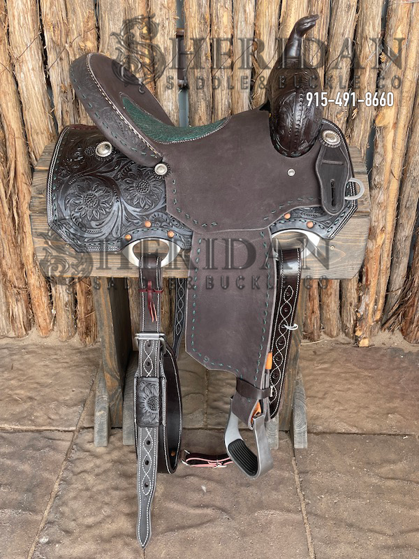 Sheridan Barrel Racing Saddle Chocolate Turquoise Im. Elephant