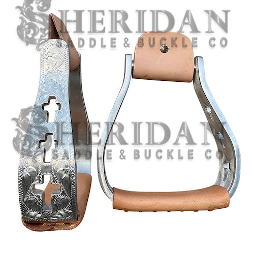 Visalia Aluminum Stirrups Engraved Crosses