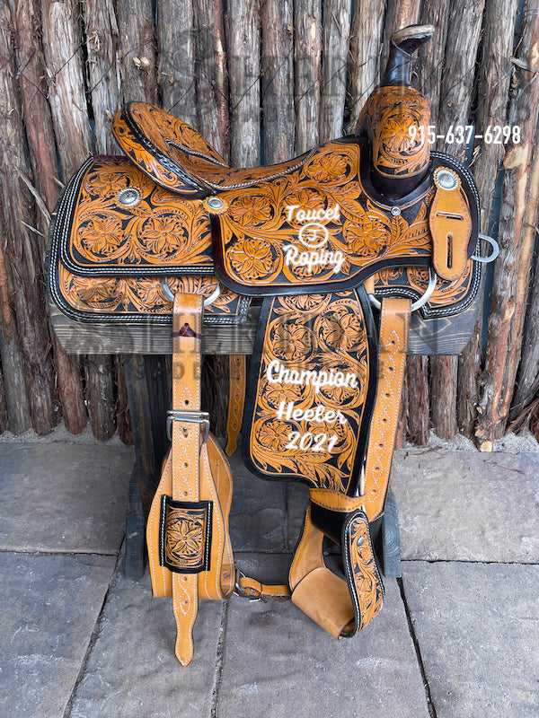 Sheridan Team Roping Saddle Full Tooled Double Flower/Inlaid Seat