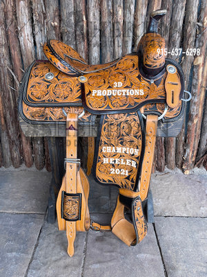Sheridan Team Roping Saddle Full Tooled Double Flower/Inlaid Seat
