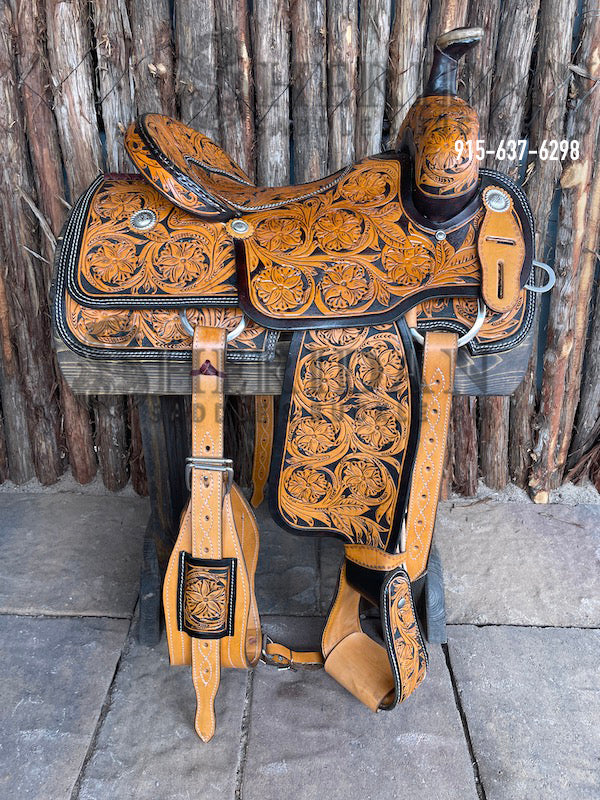 Sheridan Team Roping Saddle Full Tooled Double Flower/Inlaid Seat