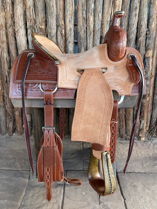 Sheridan Ranch Cutter Saddle In Seat Rig Floral + Basket/90 Degree