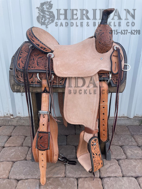 Sheridan Team Roping Saddle Double Flower/Hard Seat