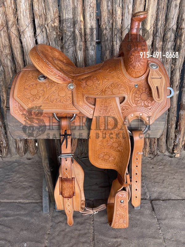 Sheridan Team Roping Saddle Full Tooled Sunflower In Seat Rig