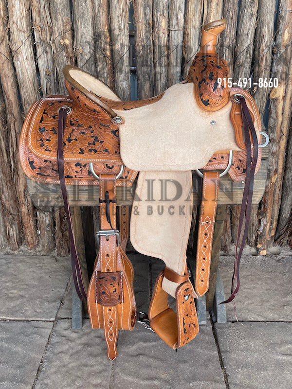 Sheridan Team Roping Saddle Acorn/Inlaid Tooled Seat
