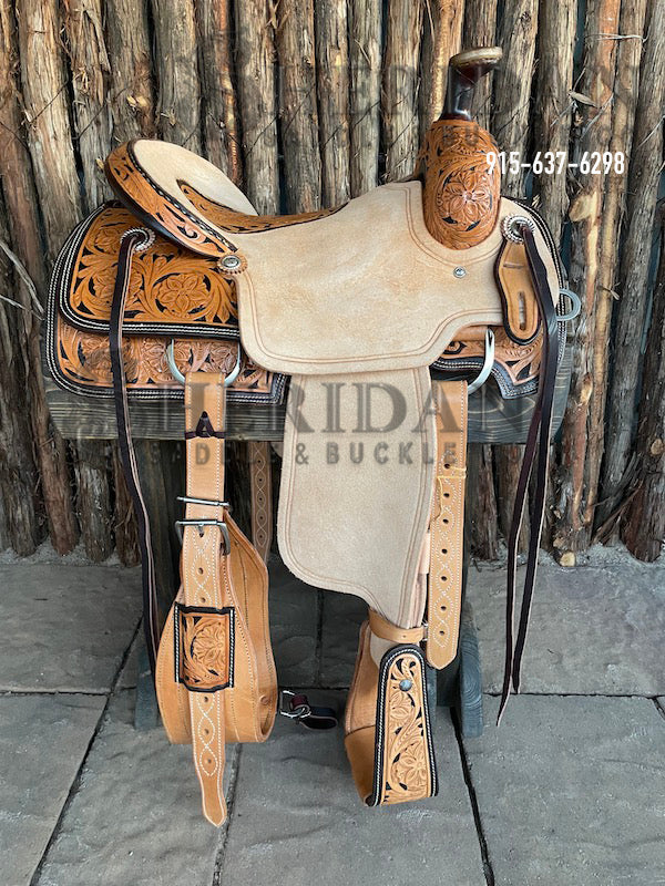 Sheridan Team Roping Saddle Double Flower/Inlaid Tooled Seat
