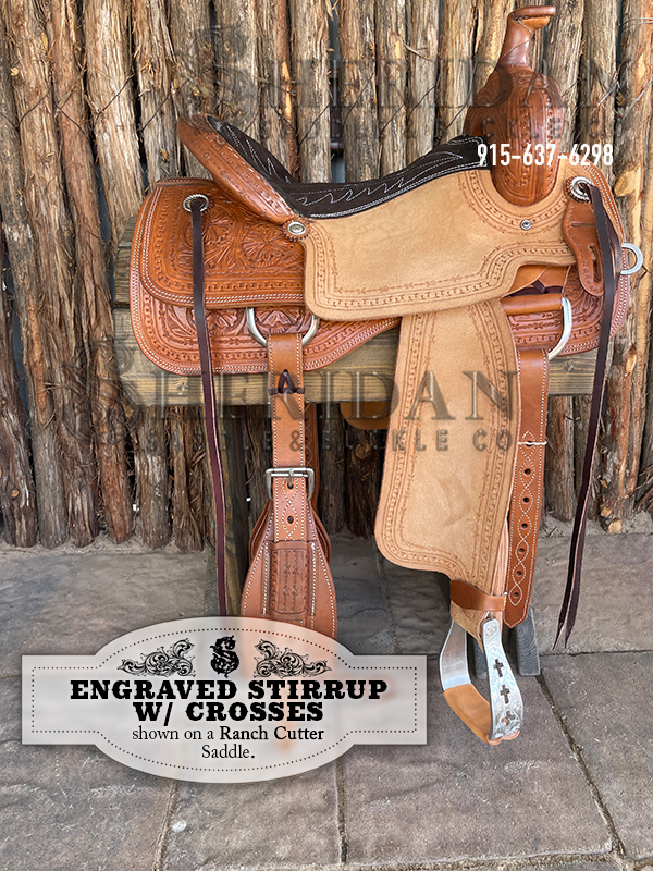Visalia Aluminum Stirrups Engraved Crosses