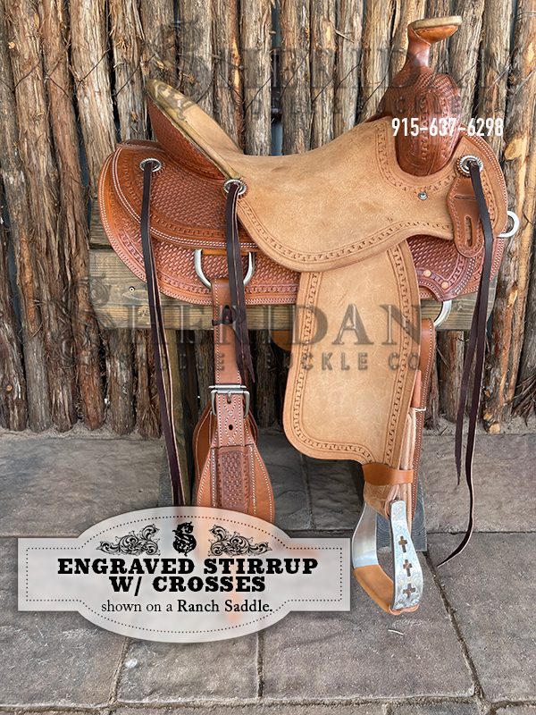 Visalia Aluminum Stirrups Engraved Crosses